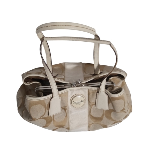 Coach Jacquard Fabric Vintage C Monogram Kiss Lock Beige Cream Leather Trim - Picture 4 of 7